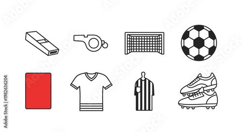 Vector set of essential items for a football match, featuring a soccer ball, goal, whistle, red card, player jersey, and athletic cleats, perfect for sports graphics
