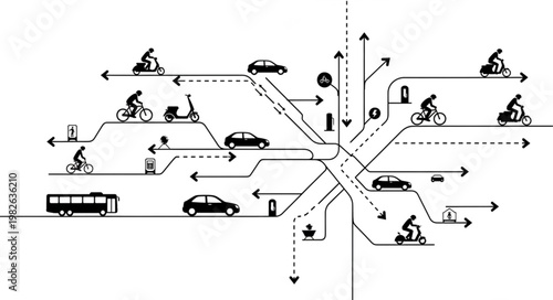 Urban Transportation Network Diagram with Vehicles and Arrows.