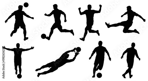 Dynamic silhouettes of soccer players in action, showcasing various game movements and athletic prowess on the field with vibrant energy
