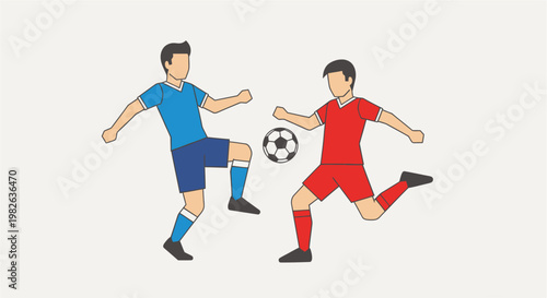 Two men playing football, one in blue and one in red, kicking a soccer ball during a game