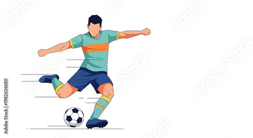 A male soccer player in action, kicking a ball with force and precision on a white background with motion lines