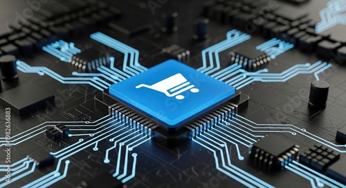 Digital circuit board with glowing blue lines and a shopping cart icon on a central processor for online retail concepts