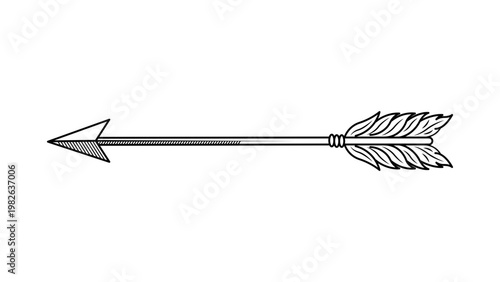 Minimalist hand-drawn feathered arrow vector icon. A clean black line illustration of a traditional archery arrow with sharp arrowhead and detailed fletching, isolated on white background.