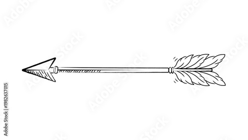 Hand-drawn minimalist black line vector icon of a vintage feathered arrow on a white background, scalable illustration representing archery, hunting, direction, and rustic tribal design elements.
