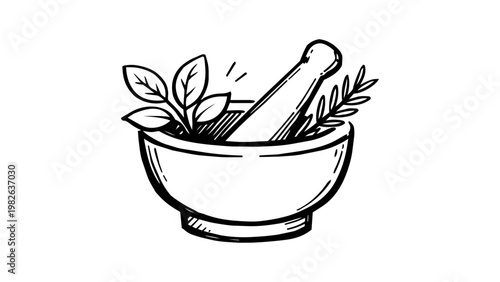 Minimalist hand-drawn vector icon of a mortar and pestle with fresh herbs and leaves, black line art illustration on white background for pharmacy, herbal medicine, cooking, and apothecary themes.