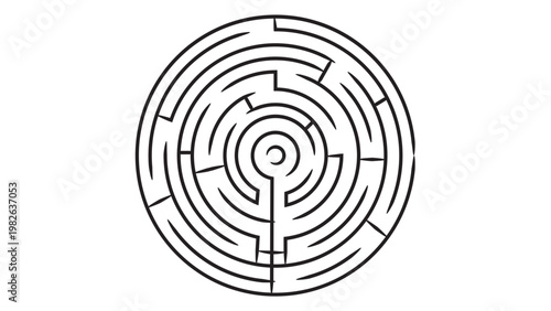 Minimalist Circular Labyrinth Maze Vector Icon with Editable Stroke. Hand-drawn black line illustration on white background, perfect for logic, strategy, and problem-solving. Scalable SVG design.