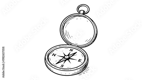 Vintage Hand-Drawn Pocket Compass Vector Illustration, Minimalist Black Line Art Icon of an Open Navigation Tool for Travel, Adventure, and Directional Guidance on a White Background