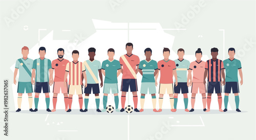 Diverse professional soccer team standing together on a football pitch, ready for an exciting match, showcasing teamwork, sport, and global representation in a modern flat design