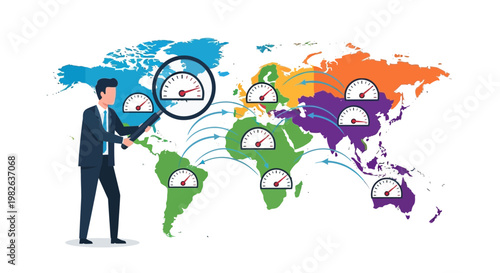 Businessman analyzing global data and performance indicators on world map