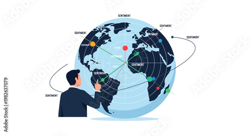 Businessman analyzing global data on interactive world map illustration