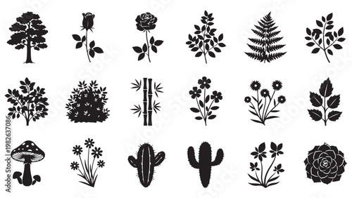 Collection of various black silhouettes of plants and flowers on a white background