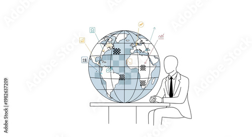 Businessman analyzing global data with icons and world map illustration
