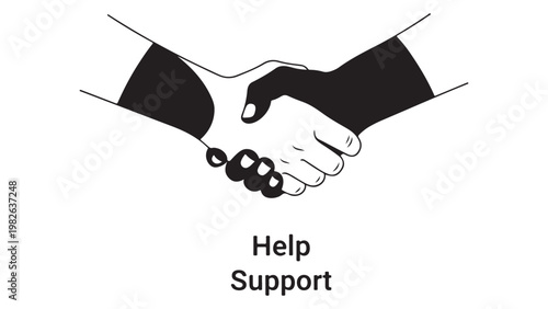 Black and white illustration of two hands shaking for help and support isolated on white background