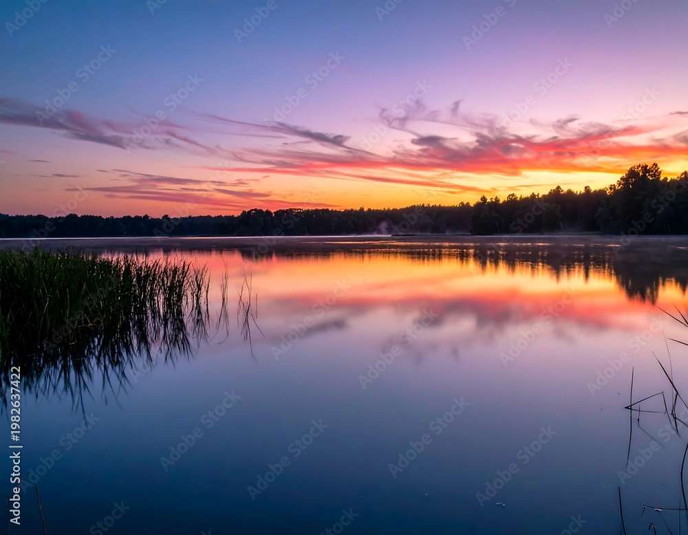 Fototapeta premium Stunning twilight vista reveals a calm lake mirroring the fiery hues of a colorful sky. Silhouetted trees line the water's edge