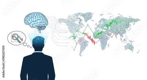 Businessman analyzing global financial data with brain and world map