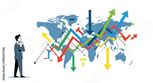 Businessman analyzing global financial data with rising and falling trends