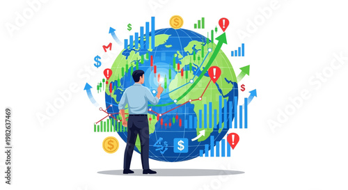 Businessman analyzing global financial market charts and graphs illustration