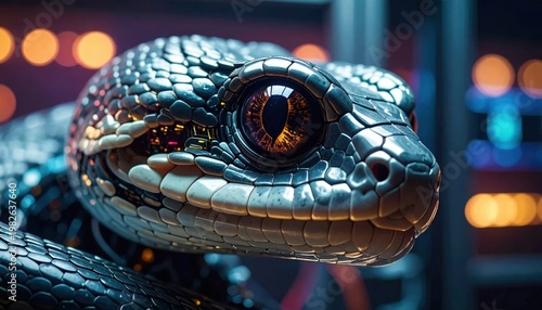Close up of a detailed snake with mesmerizing eyes against a blurred background