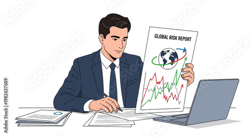 Businessman analyzing global risk report with laptop and documents at desk
