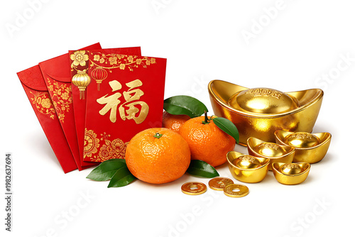 Lunar New Year celebration with red envelopes oranges and gold ingots