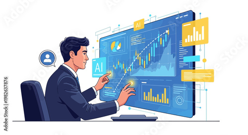 Businessman analyzing stock market data on a large digital screen vector illustration