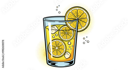 Vibrant detox drink illustration featuring fresh lemon slices in a glass with ice cubes and bubbles on a white background