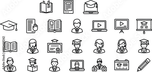 Education learning editable vector illustration collection set icons for school online courses and graduation