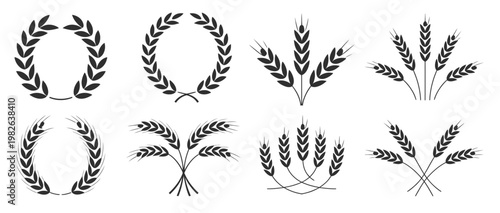 collection of wheat and laurel designs in black silhouette
