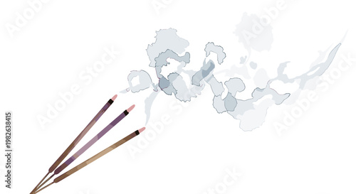 Three incense sticks burning with swirling smoke on a white background, creating a calm and meditative atmosphere