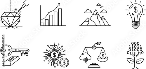 Sophisticated Abstract Financial Metaphors and Wealth Management Black Line Art Icon Set, "Created with AI assistance and manually refined."