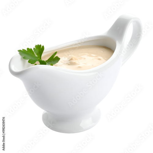 White ceramic gravy boat filled with creamy sauce, garnished with fresh parsley sprig, isolated on white background, studio shot.