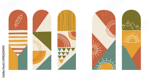 Colorful geometric painted bookmarks with abstract patterns in earthy tones, featuring sun motifs and nature-inspired designs on a clean white background