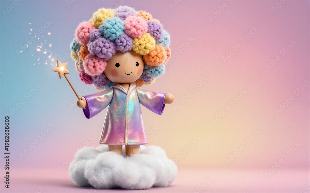 Fototapeta premium Cute doll with colorful yarn hair holding magic wand on fluffy cloud.