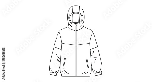 Minimalist line drawing of a windbreaker jacket with a hood, showcasing front view design details and simple outlines on a white background