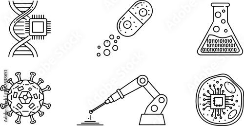 Technical Bio-Medical Nanotechnology and Health-Tech Research Black Line Art Icon Set, "Created with AI assistance and manually refined."