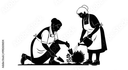 Silhouette of elderly woman gardening with watering can and trowel, assisting another woman tending plants, black and white illustration, simple background