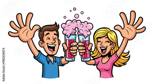 Animated couple joyfully holding glasses of bubbly drinks, with expressive smiles and raised hands, vibrant colors, white background