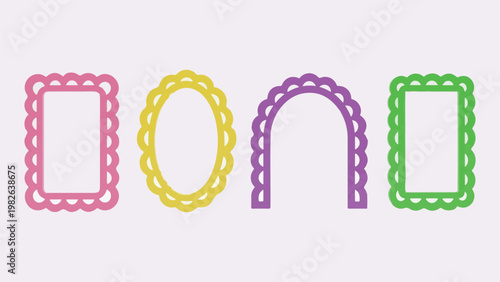 Colorful decorative frames in pink, yellow, purple, and green for design and crafting projects