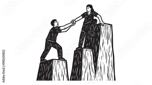 Black and white illustration of two people helping each other climb up a cliff or wall with a white background