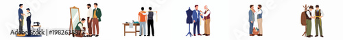 Collection of illustrations showing men getting measured and fitted for custom suits by professional tailors in a classic workshop setting.