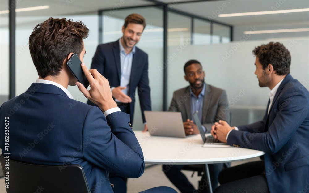 Fototapeta premium Business meeting in modern office man on phone while colleagues