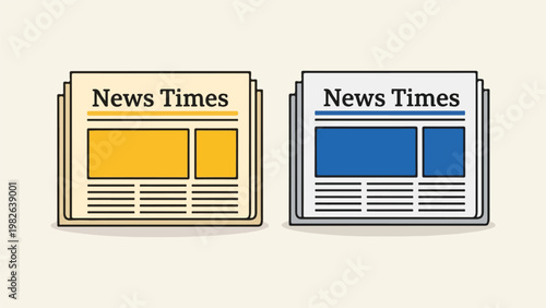 Two colorful newspaper icons with news times header on beige background