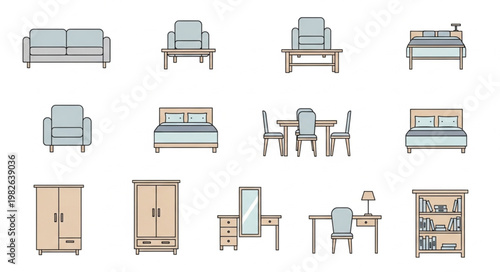 Collection of modern furniture items for home interior design.