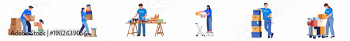 Flat vector illustration set of charity volunteers organizing food donations, carrying cardboard boxes, and helping a child in a humanitarian aid project.