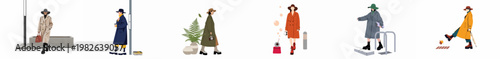 Minimalist illustration of stylish women in fashionable autumn coats and hats walking through city streets in a panoramic series.
