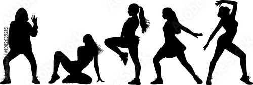 Collection of female dance silhouettes in dynamic poses, women performing energetic moves, fitness and choreography concept isolated on white background
