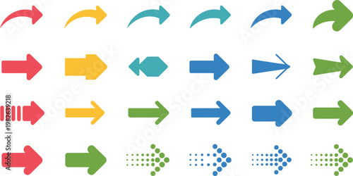 Set of arrow icons, infographic elements, diverse shapes and colors on checkered background.