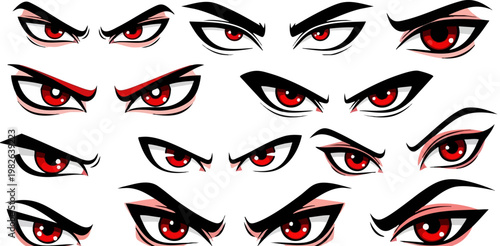 Angry red anime eyes collection, aggressive manga character eye expressions, set of 12 evil demonic vector eyes for gaming and comics