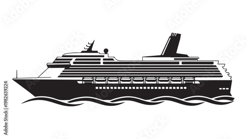 A large cruise ship sailing on the ocean with multiple decks and a prominent smokestack, isolated on white background