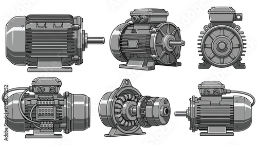 Detailed illustrations of various industrial electric motors in different orientations and views isolated on white background